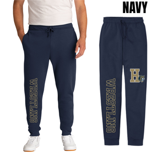 Hayden Wildcats Wrestling Pin Logo Core Fleece Joggers in navy, on-model and flat lay detail of the leg graphic