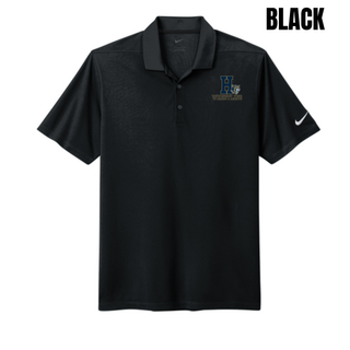 Black Nike Dri-FIT Micro Pique polo with the Hayden Wildcats Wrestling Pin Logo on the left chest: navy block H, growling wildcat head, and gold Wrestling lettering