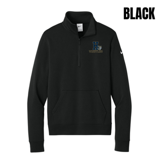 Black Nike Women's Fleece Half-Zip with the Hayden Wildcats Wrestling Pin Logo, a navy block H with a growling wildcat head and gold Wrestling lettering on the chest