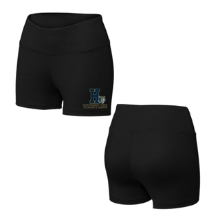 Hayden Wildcats Wrestling Pin Logo Women's Interval Shorts in black, front and back view