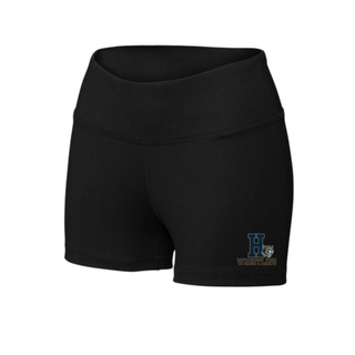 Hayden Wildcats Wrestling Pin Logo Women's Interval Shorts in black, front leg graphic detail