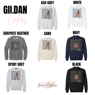 Hayden Wildcats Wrestling Senior 2027 Custom Photo Gildan color chart showing Ash Grey, White, Graphite Heather, Sand, Navy, Sport Grey, and Black