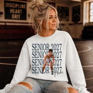 Hayden Wildcats Wrestling Senior 2027 Custom Photo on a white crewneck sweatshirt worn by a model, with the words Senior 2027 stacked in navy, an athlete photo, and a script name