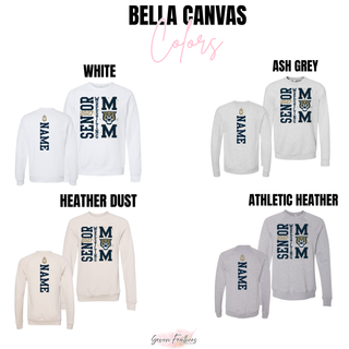 Bella Canvas color chart showing the Senior Mom 2027 front and back design in White, Ash Grey, Heather Dust, and Athletic Heather