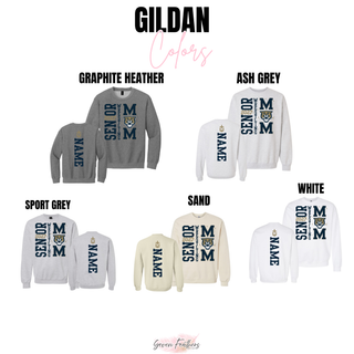 Gildan color chart showing the Senior Mom 2027 front and back design in Graphite Heather, Ash Grey, Sport Grey, Sand, and White