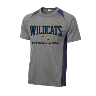 Navy colorblock Contender tee, distressed Hayden Wildcats lettering with a gold oval wrestling mat and Wrestling text centered on the front.