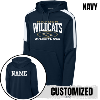 Hayden Wildcats Wrestling Varsity Mat design on a Navy fan favorite hoodie; distressed Hayden Wildcats lettering with a gold oval wrestling mat and Wrestling text, printed at the center chest.