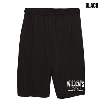 Black cooling performance shorts with the Hayden Wildcats mat graphic printed near the leg hem.