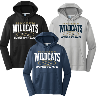 Black, Silver, and Deep Navy performance hoodies with the Hayden Wildcats wrestling mat graphic centered on the chest.