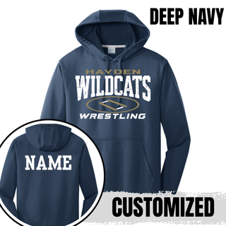 Deep Navy performance hoodie showing the front mat graphic and a sample custom name on the back.