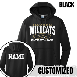 Hayden Wildcats Wrestling performance hoodie mockup showing the varsity mat graphic.