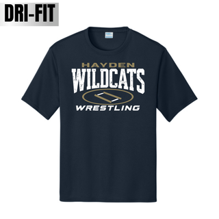 Navy performance tee with gold Hayden lettering, distressed Wildcats, an oval wrestling mat, and Wrestling beneath.