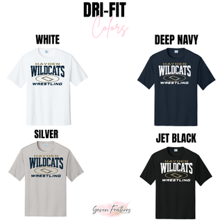 Dri-FIT performance tee color mockups showing the Hayden Wildcats wrestling mat graphic on the chest.