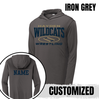 Iron Grey hooded pullover showing the chest mat graphic and a sample custom name on the back.