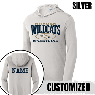 Hayden Wildcats Wrestling mat graphic PosiCharge hooded pullover mockup, alternate view.