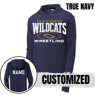Hayden Wildcats Wrestling hooded pullover mockup with the varsity mat graphic.
