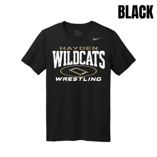 Black men's rLegend performance tee, center chest distressed Hayden Wildcats lettering with a gold oval wrestling mat and Wrestling text.