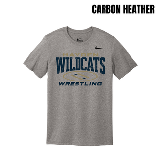 Carbon Heather men's rLegend performance tee, center chest distressed Hayden Wildcats lettering with a gold oval wrestling mat and Wrestling text.