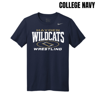College Navy men's rLegend performance tee, center chest distressed Hayden Wildcats lettering with a gold oval wrestling mat and Wrestling text.