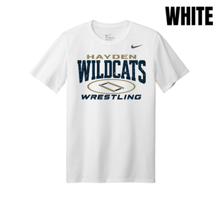 White men's rLegend performance tee, center chest distressed Hayden Wildcats lettering with a gold oval wrestling mat and Wrestling text.