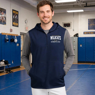 Navy men's sleeveless hooded quarter-zip with a small Hayden Wildcats Wrestling mark on the front and a blank back view.