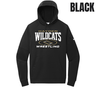 Black Therma-FIT pocket pullover hoodie, distressed Hayden Wildcats lettering with a gold oval wrestling mat and Wrestling text centered on chest.