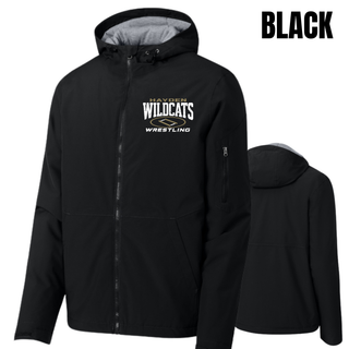 Hayden Wildcats Wrestling Varsity Mat design on a waterproof insulated jacket; distressed Hayden Wildcats lettering with a gold oval wrestling mat and Wrestling text, printed at the left chest.