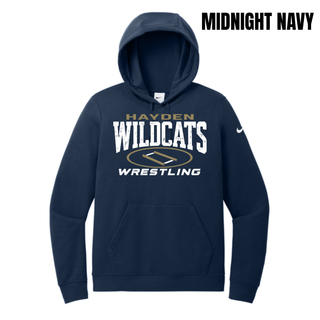 Black women's Club Fleece pullover hoodie, distressed Hayden Wildcats lettering with a gold oval wrestling mat and Wrestling text centered on chest.