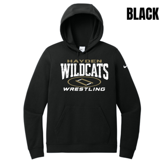 Midnight Navy women's Club Fleece pullover hoodie, distressed Hayden Wildcats lettering with a gold oval wrestling mat and Wrestling text centered on chest.