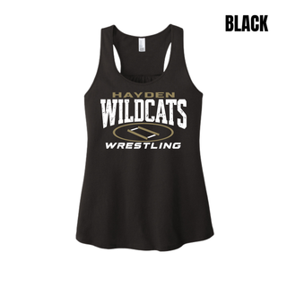 Hayden Wildcats Wrestling Varsity Mat design on a women's racerback tank; distressed Hayden Wildcats lettering with a gold oval wrestling mat and Wrestling text, printed at the center chest.
