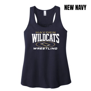 Hayden Wildcats Wrestling Varsity Mat design on a women's racerback tank; distressed Hayden Wildcats lettering with a gold oval wrestling mat and Wrestling text, printed at the center chest.