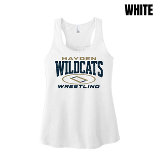 Hayden Wildcats Wrestling Varsity Mat design on a women's racerback tank; distressed Hayden Wildcats lettering with a gold oval wrestling mat and Wrestling text, printed at the center chest.