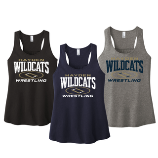 Hayden Wildcats Wrestling Varsity Mat design on a women's racerback tank; distressed Hayden Wildcats lettering with a gold oval wrestling mat and Wrestling text, printed at the center chest.
