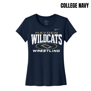 Hayden Wildcats Wrestling Varsity Mat design on a women's rLegend performance tee; distressed Hayden Wildcats lettering with a gold oval wrestling mat and Wrestling text, printed at the center chest.