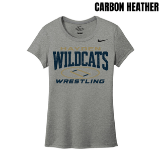 Hayden Wildcats Wrestling Varsity Mat design on a women's rLegend performance tee; distressed Hayden Wildcats lettering with a gold oval wrestling mat and Wrestling text, printed at the center chest.
