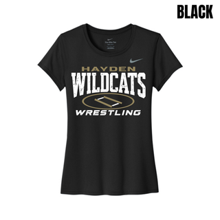 Hayden Wildcats Wrestling Varsity Mat design on a women's rLegend performance tee; distressed Hayden Wildcats lettering with a gold oval wrestling mat and Wrestling text, printed at the center chest.