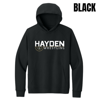 Black men's Dri-FIT hoodie with the Hayden Wrestling Mat Mark design, featuring HAYDEN above WRESTLING and a small wildcat head centered in a wrestling-circle motif.