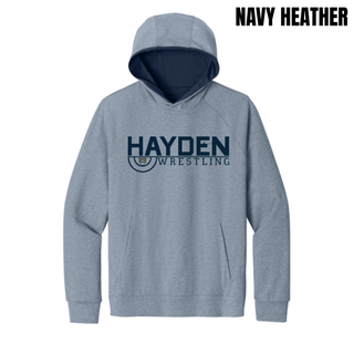 Navy Heather men's Dri-FIT hoodie with the Hayden Wrestling Mat Mark design, featuring HAYDEN above WRESTLING and a small wildcat head centered in a wrestling-circle motif.