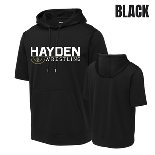 Hayden Wrestling Mat Mark printed on Sport-Tek short sleeve hooded pullover; product mockup view 2.