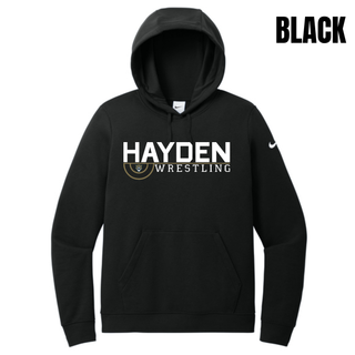 Black women's club fleece pullover hoodie with the Hayden Wrestling Mat Mark design, HAYDEN above WRESTLING and a small wildcat head in a wrestling-circle motif.