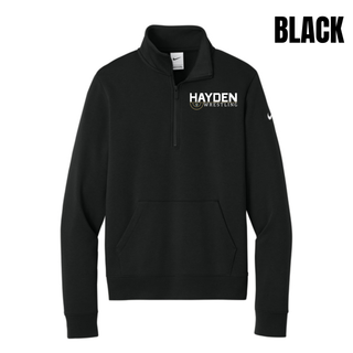 Black women's fleece half-zip with the Hayden Wrestling Mat Mark on the left chest, showing HAYDEN above WRESTLING and a small wildcat head in a wrestling-circle motif.