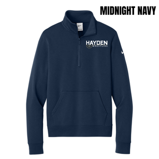 Midnight Navy women's fleece half-zip with the Hayden Wrestling Mat Mark on the left chest, showing HAYDEN above WRESTLING and a small wildcat head in a wrestling-circle motif.