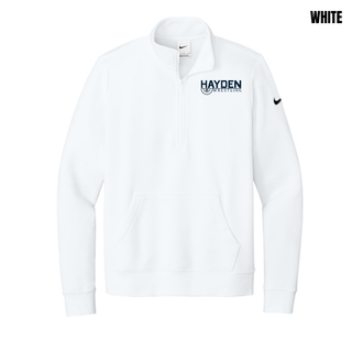 White women's fleece half-zip with the Hayden Wrestling Mat Mark on the left chest, showing HAYDEN above WRESTLING and a small wildcat head in a wrestling-circle motif.