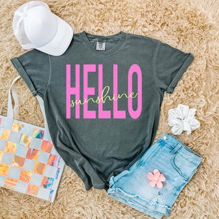 Pepper Comfort Colors tee with oversized bold Hello Sunshine script front view