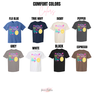 helping tiny humans do big things graphic tee color chart showing flo blue true navy ivory pepper grey white black and espresso
