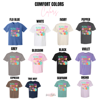 Fall pumpkin graphic tee shown in flo blue, white, ivory, pepper, grey, blossom, black, and more colors
