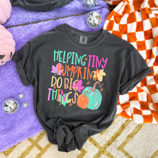 Helping tiny pumpkins do big things graphic tee in pepper with colorful fall pumpkin design
