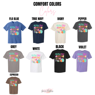 helping tiny pumpkins do big things graphic tee color chart showing flo blue true navy ivory pepper grey white black violet and espresso
