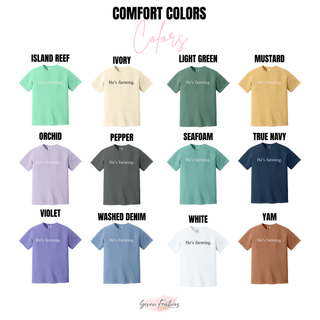 He's farming graphic tee color options including espresso flo blue grape grey island green island reef ivory light green mustard orchid pepper seafoam true navy violet washed denim white and yam