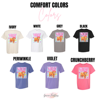 Comfort Colors tee color chart for highland moo-d top in ivory, white, grey, black, periwinkle, violet, crunchberry
